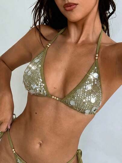 Aloruh Women's Halter Neck Solid Color Sequin Bikini Summer New Sequin & Beaded Fabric Glamorous Party Sexy Vacation Bohemian Swimwear Top, Bikini Top, Women's Resort Wear, Women's Beach Outfit Women's Bikini   Women's Swimwear Swimwear For Women Beach Outfits For Women Beach Fashion Women's Beach Bikinis Beach Outfit For Women Women's Beachwear Vacation Outfits Women Summer Holiday Outfits Resort Wear Women Beach Vacation Outfits For Women