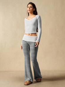 VARSIVA Women's Casual Striped Flared Pants With Waist Fold Over Leggings Boot Cut Yoga Pants Cotton Yoga Pants Wide Leg Yoga Pants - Grey - View 5