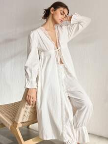 Ocili Women's Contrast Lace Flare Sleeve Robe And Long Pants Elegant Pajama Set - White - View 2