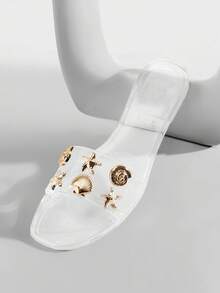 Solezae Sandalias planas de gelatina con adorno de concha marina y estrella de mar, de punta cuadrada para mujer - transparente - Ver 6