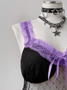 Sunspun Áo hai dây lửng kiểu dáng thanh lịch, ngọt ngào, chất liệu lưới xuyên thấu họa tiết bông tuyết, viền ren và nơ, thích hợp cho mùa Xuân/Hè/Thu. - Màu tím - Xem 6