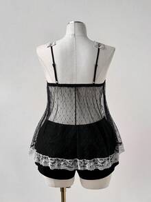 Sunspun 新款优雅甜美蝴蝶结薄纱雪花蕾丝边饰蝴蝶结荷叶边短款吊带背心，春夏秋季 - 黑與白 - 查看 2