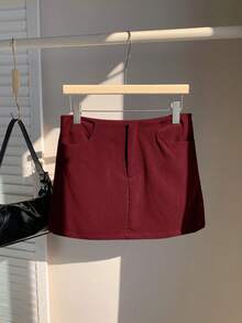 Comfortcana Summer Going Out Low Waist Solid Straight Grey Mini Skirt - Burgundy - View 6
