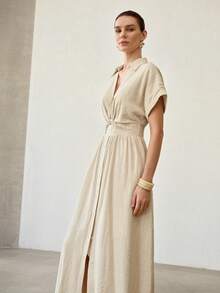 MOTF PREMIUM WOMEN'S NEW FRENCH STYLE COMMUTER PLEATED WAIST SHORT SLEEVE DRESS - Khaki - View 5