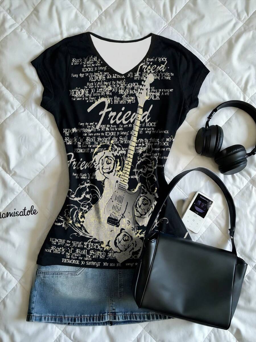 Noixe 女士标语吉他印花V领修身休闲T恤 - 黑色 - 查看 1