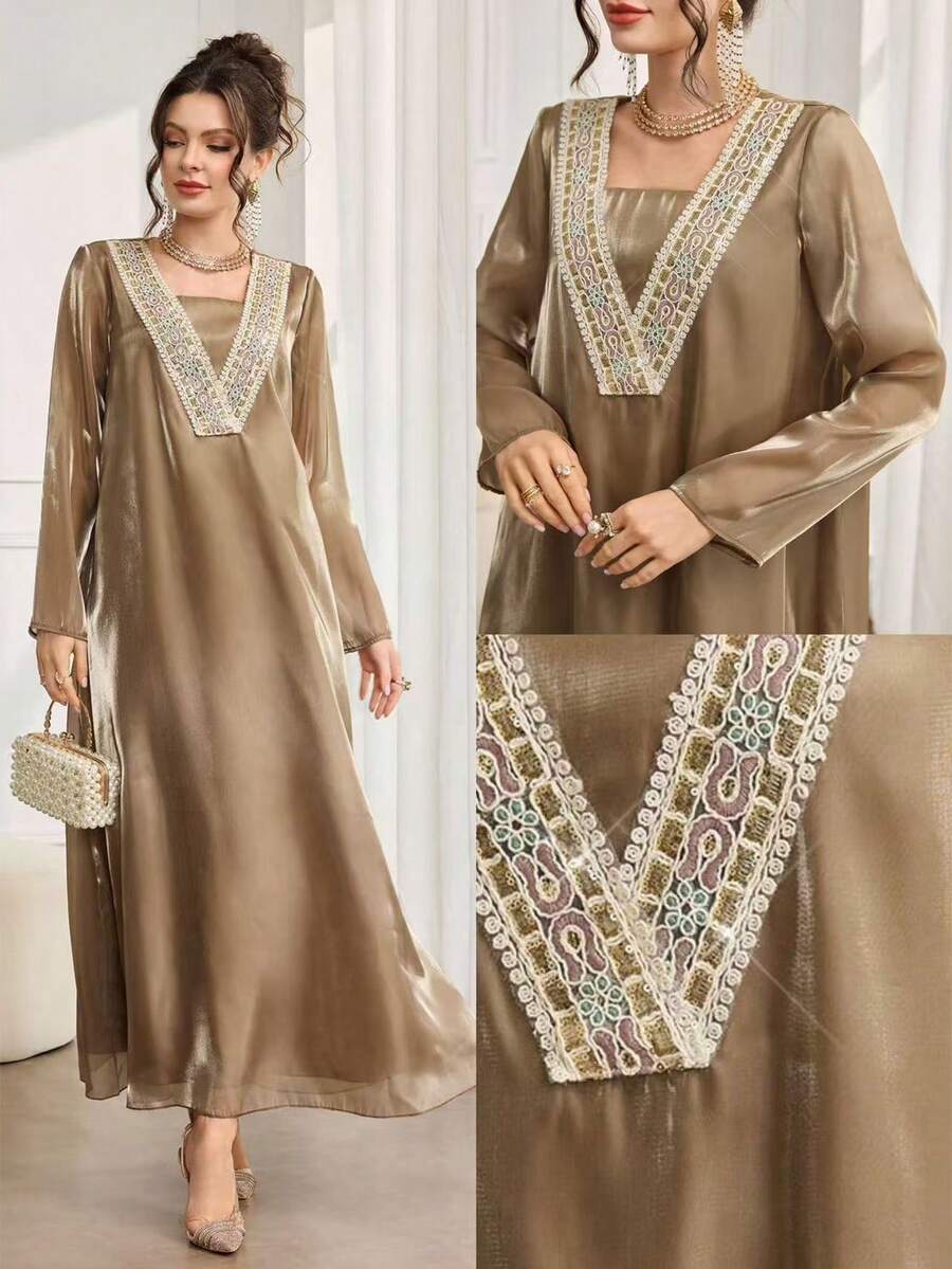 Al Najma Women's Retro Elegant V-Neck Sequin Embroidered Silky Flowy Loose Everyday Abaya Dress - Brown - View 1