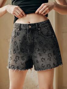 Anewsta Summer Casual Leopard Print Rhinestone Frayed Hem Denim Shorts - Grey - View 2