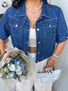 Sunnyshic Summer New Washed Loose Denim Short Sleeve Jacket - Blue - View 7