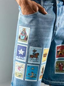 ROMWE MEN Street Life Men's Tarot Card Vintage Medieval Pattern Shorts - Blue - View 2