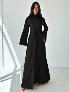 Firerie Women Black Casual Plain Maxi Two Piece Outfit With Stand Collar Long Black Elegant Dress Black Abaya - Black - View 6
