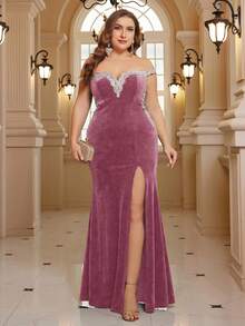 SHEIN Belle Plus Size V-Neck Sleeveless Embroidered Sequin Patchwork High Slit Korean Velvet Formal Gown (Heavy Embellishment) - Dusty Pink - View 4