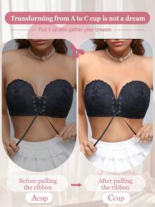 1件装女士无钢圈蕾丝加厚聚拢文胸，百搭款式，黑色