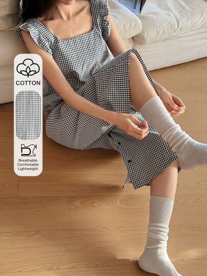 DAZY 可爱格子荷叶边女士连体裤家居服