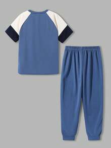 SHEIN 2pcs Tween Boy Casual Versatile Colorblock Design Round Neck T-Shirt And Pants Set, Suitable For Commuting, School, Daily Casual Wear, Sports, Spring/Summer - Blue - View 4