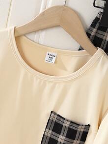 Girls' Apricot Short Sleeve Top With Plaid Pocket & Classic Black & White Plaid Pants Pajama Set, Loungewear - Multicolor - View 5