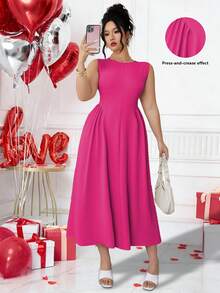 Elenzga Plus Size Women Solid Color Round Neck Pleated Sleeveless Elegant Dress Maxi Women Outfit - Hot Pink - View 1