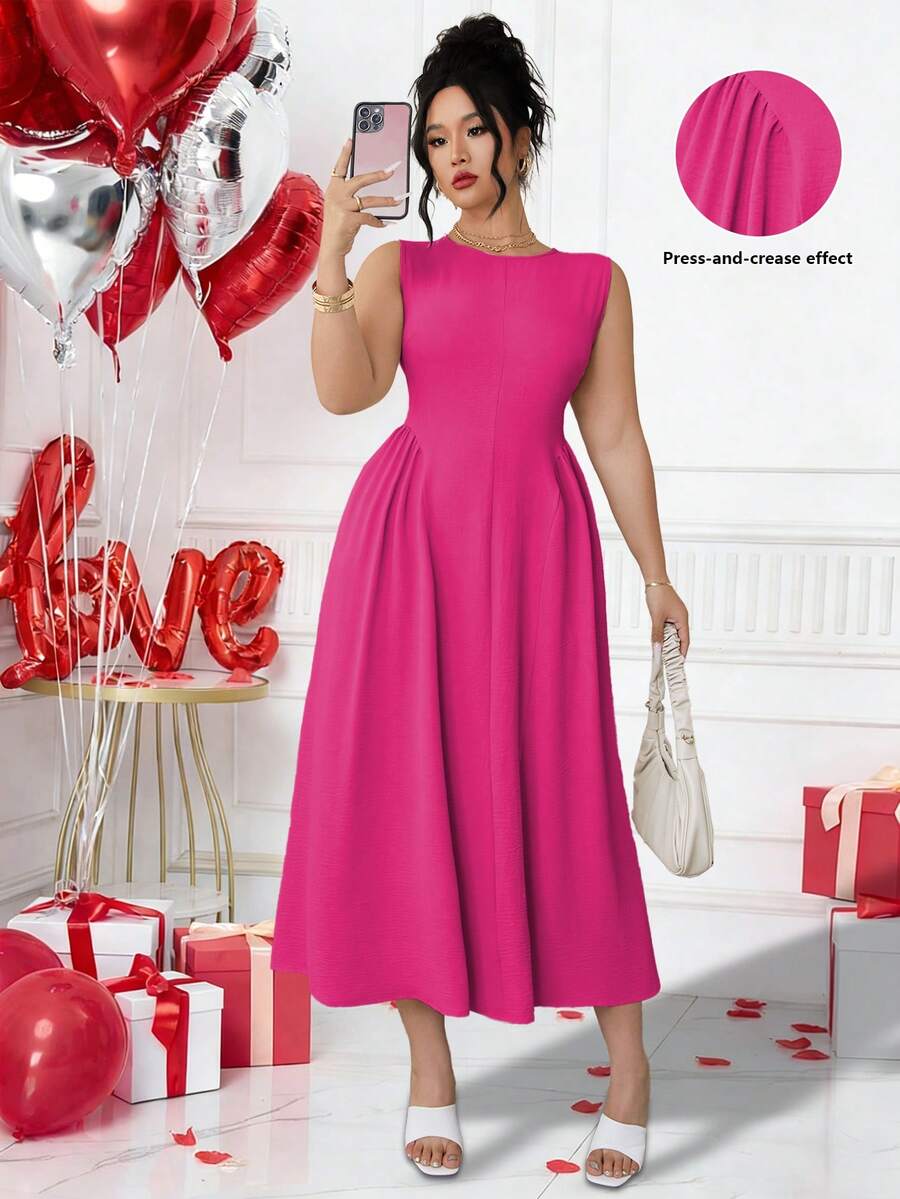 Elenzga Plus Size Women Solid Color Round Neck Pleated Sleeveless Elegant Dress Maxi Women Outfit - Hot Pink - View 1