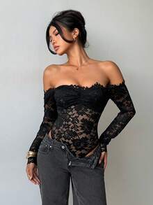 Aloruh Women's Black Lace Sheer Hollow Out Off-Shoulder Long Sleeve Bodysuit, Suitable For Weddings, Parties, Dates, Autumn/Winter Layering - Black - View 6