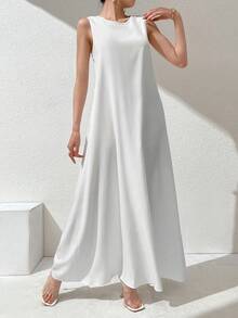 Al Najma Women's Solid Color Minimalist Casual Crew Neck Sleeveless Arabic Style Dress, 2pcs/Set, Under Abaya Inner Dress, Maxi Tank Dress, Essential Basic Long Dress - Black and White - View 7