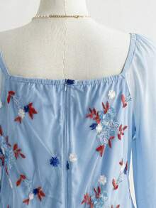 Dreamara Plus Size Women Floral Embroidery Tie-Up Long Sleeve Vacation Blue Mini Dress - Blue - View 9