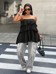 Maweii Plus Size Women Solid Color Multi-Layer Ruffle Hem Wrap Crop Top - Black - View 4