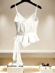 GlowEve White Satin Twist Knot Metal Buckle Camisole V-Neck Waist Cinched Slim Fit Layering Camisole, Elegant For Commute And Date - Champagne - View 2