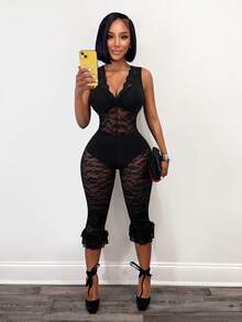BamGleam 女士性感透视蕾丝深V领连体裤 - 黑色 - 查看 1