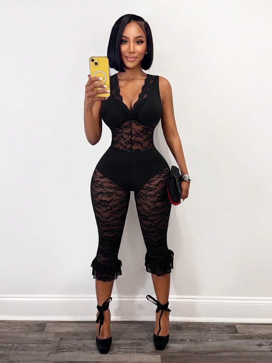 BamGleam 女士性感透视蕾丝深V领连体裤 - 黑色 - 查看 1