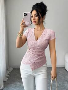 Elenzga 独特优雅的提花V领褶皱腰身蝙蝠袖休闲约会女式T恤，春夏款 - 粉色 - 查看 4