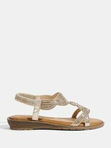 CUCCOO TILAWA Women's Flat Sandals, Bohemian Style, Comfortable Flat Sandals, Rhinestone Hollow-Out, Simple PU, Versatile, Lightweight, Non-Slip - Gold - View 2