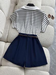 Franclia 新款条纹短袖上衣和藏蓝色短裤两件套，女士春夏款 - 彩色 - 查看 2