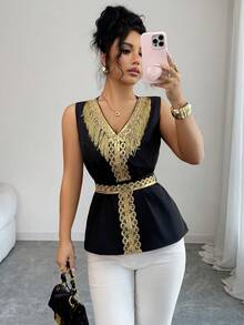 Elenzga Women's Elegant V-Neck Blouse With Luxurious Gold Tassel Trim, Loose Fit With Waist Belt, Suitable For Spring/Summer - Black - View 5