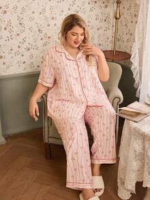 CottageSlumber 泡泡褶皱印花翻领开衫短袖睡衣套装，加大码 - 粉色 - 查看 4