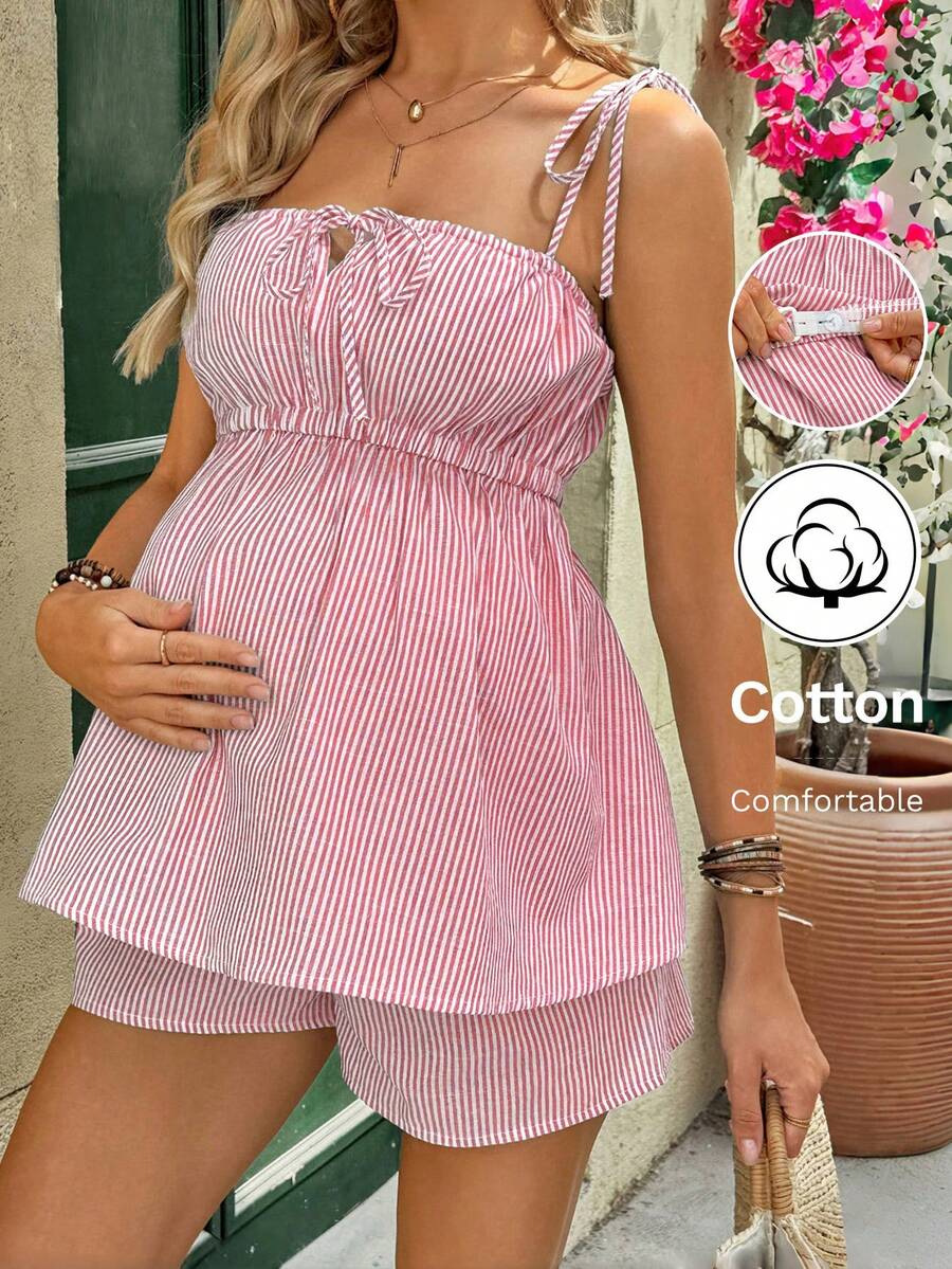 SHEIN 两件套孕妇条纹系带吊带背心和短裤休闲套装 - 紅白色 - 查看 1