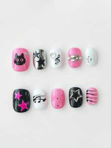 ROMWE Anime 10 Pieces Of Cute Cat Music Note Elements High-Quality Handmade Fake Nail Pieces + 3 Pieces Of Double-Sided Tape, Y2K Detachable Short Square Wearing Armor, Four-Season Reusable Glossy Fake Nail Pieces, Suitable For Holiday Parties, Dances And Daily Wear. - Multicolor - View 3