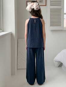 DAZY Tween Girl Sun & Planet Print Halter Top And Wide Leg Pants Casual Outfit - Blue - View 2