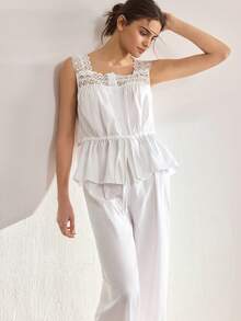 Ocili Women's Contrast Lace Sleeveless Button-Up Top And Pants Pajama Set - White - View 2
