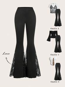 SHEIN MOD Women's Vintage Contrast Lace Flare Pants, Spring - Black - View 1