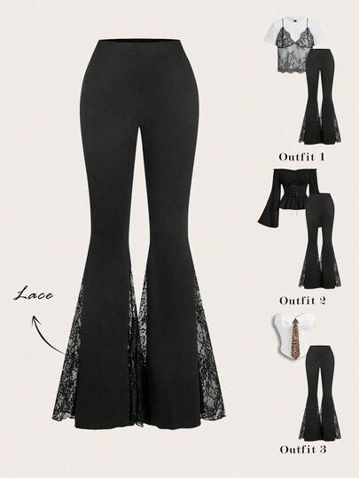 SHEIN MOD 女士复古撞色蕾丝喇叭裤，春季