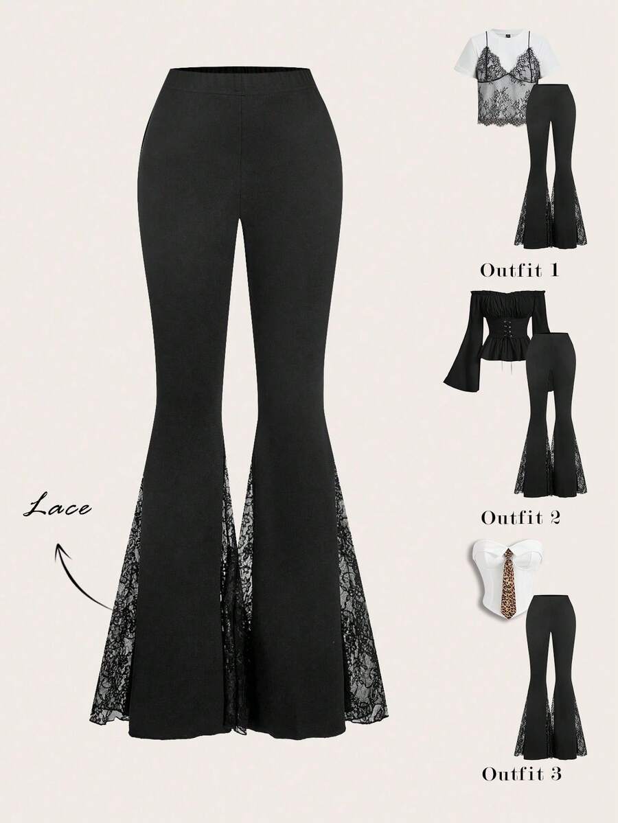 SHEIN MOD Women's Vintage Contrast Lace Flare Pants, Spring - Black - View 1