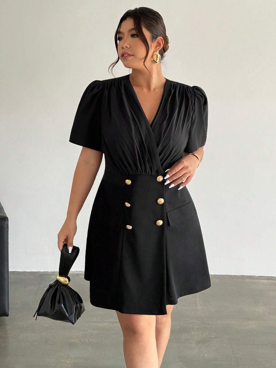 Firerie Đầm blazer nữ cỡ lớn, màu trơn, cổ chữ V xếp lớp, tay phồng ngắn, kiểu dáng thường ngày, cài hai hàng khuy. - màu đen - Xem 1