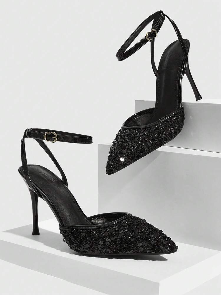 CUCCOO SZL Women's Pointed Toe Sequin Buckle Design Fashion High Heel Shoes For Daily Wear Spring Shoes