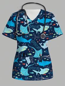 Poshira V-Neck Short Sleeve Casual Minimalist Scrub Uniform Top With Shark All-Over Print - Multicolor - View 1