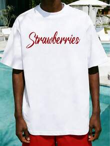 Manfinity RSRT 男士休闲草莓印花宽松落肩T恤，时尚百搭，适合度假、日常通勤和街头风格 - 白色 - 查看 2