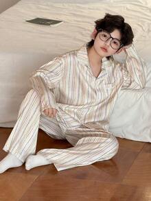 DAZY Tween Boy Colorblock Striped Print Lapel Collar Long Sleeve Shirt And Pants Pajama Set, Spring/Autumn - Multicolor - View 1