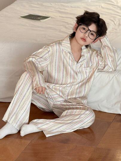 DAZY Tween Boy Colorblock Striped Print Lapel Collar Long Sleeve Shirt And Pants Pajama Set, Spring/Autumn