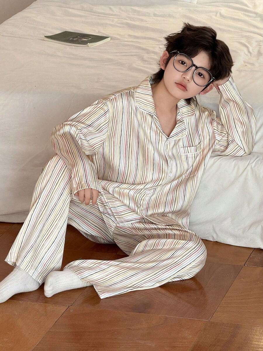 DAZY Tween Boy Colorblock Striped Print Lapel Collar Long Sleeve Shirt And Pants Pajama Set, Spring/Autumn - Multicolor - View 1