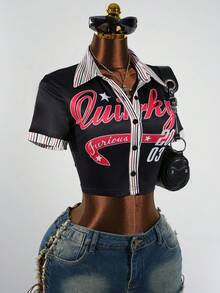 SaltGleam SaltGleam 女士时尚翻领纽扣字母条纹图案露脐紧身性感时尚休闲户外街头运动短袖露脐上衣 - 彩色 - 查看 1