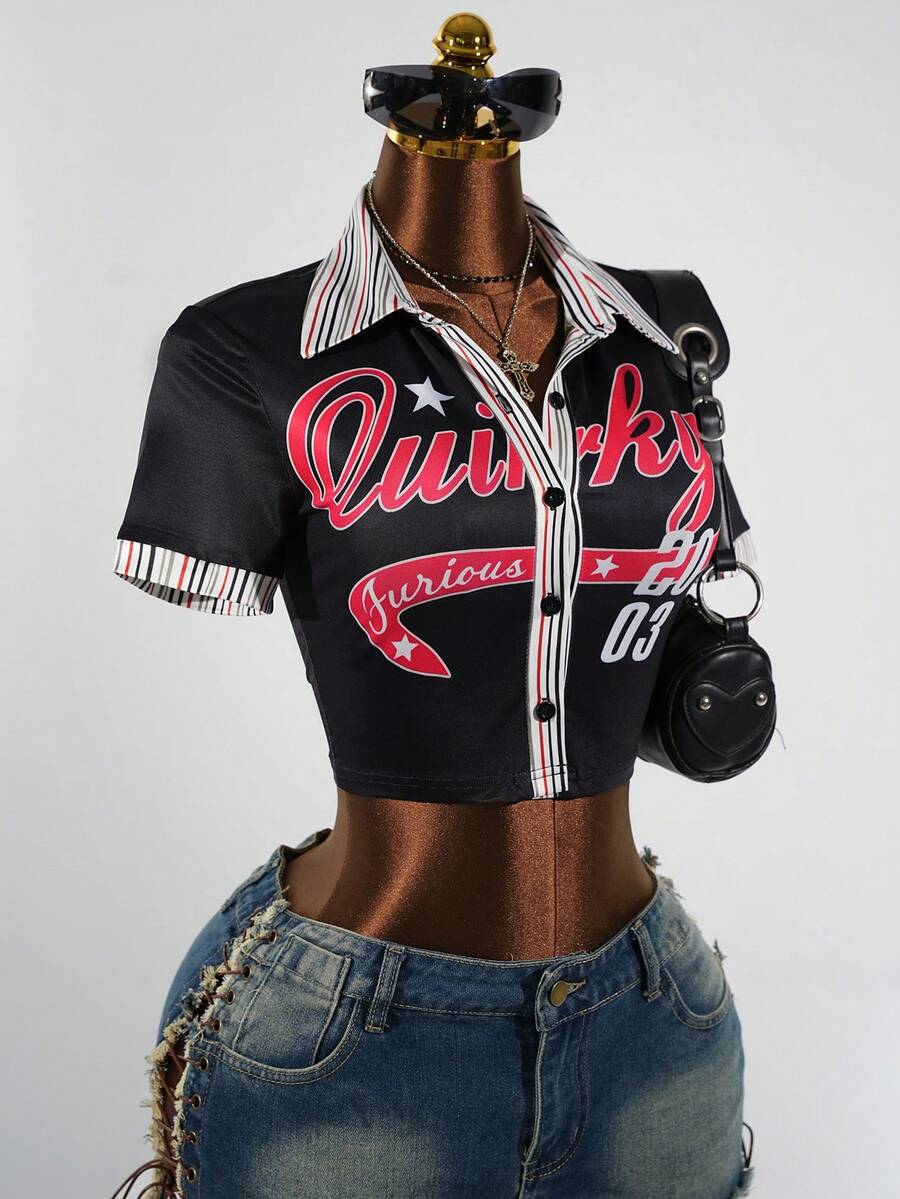 SaltGleam SaltGleam 女士时尚翻领纽扣字母条纹图案露脐紧身性感时尚休闲户外街头运动短袖露脐上衣 - 彩色 - 查看 1