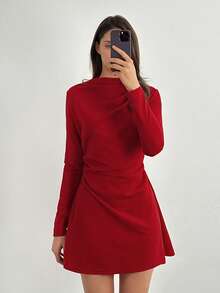 SHEIN Tall 女士优雅简约浪漫甜美荷叶边A字迷你连衣裙,适合通勤、婚礼、派对、音乐节、度假等场合 - 红色长袖,毕业典礼、教师装、秋季女装、复古风、办公室女装、秋季连衣裙 - 红色连衣裙 - 酒紅色 - 查看 7